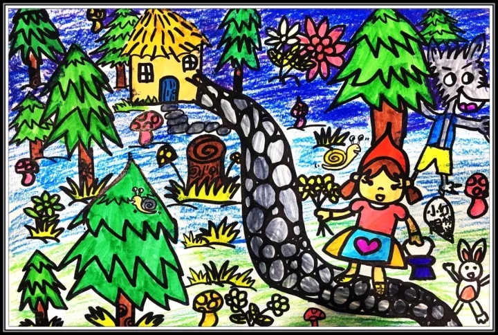 儿童绘画作品：小红帽与大野狼