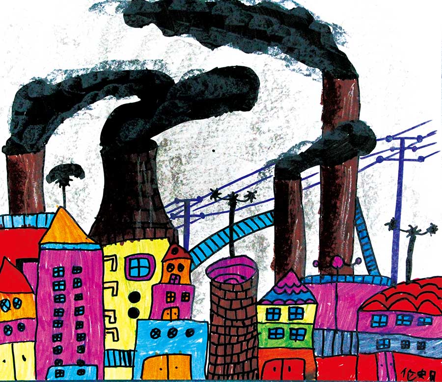 城市大气污染 作品解读: 本次课主要围绕大气污染进行绘画主题的展开