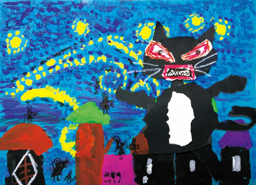 少儿美术作品：黑夜守卫者-猫