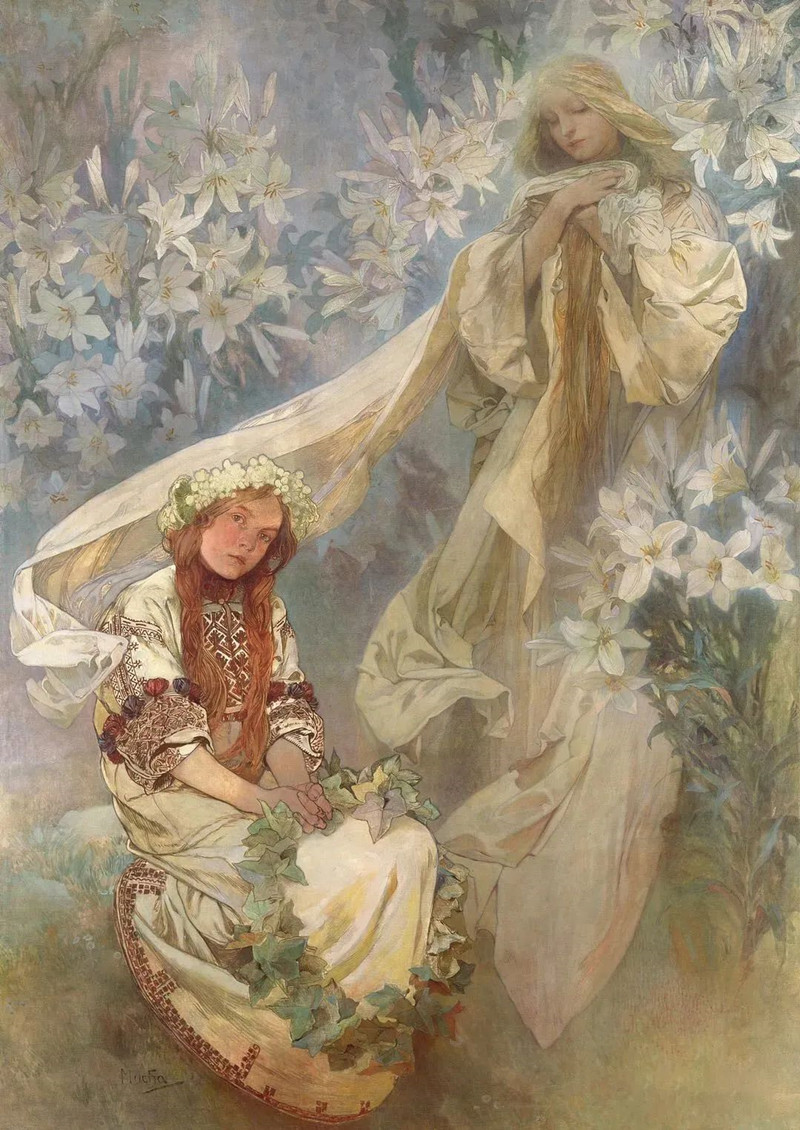 阿尔丰斯·穆夏世界名画《百合花中的圣母》.jpg