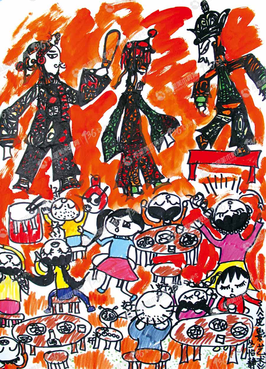 名称《皮影戏》点评：这幅作品的动势感很强，画面的向心力指向上半部分，观众部分的表现很有意思，极具生活化。背景铺设了橙红色使得画面的期待气氛很浓。.jpg