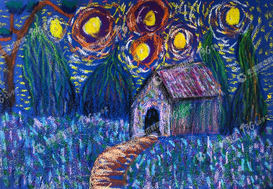 安静祥和的夜晚，蓝色朦胧金色扇坠的星空下，妖娆多姿的树木格外欢喜富有生命力。点彩的运用加入了梵高星月夜的大师韵味。.jpg