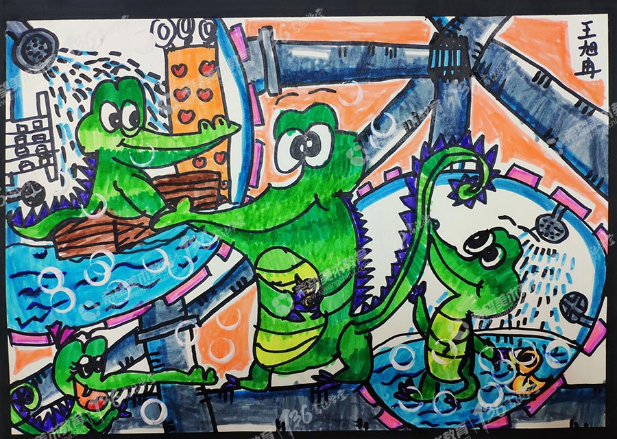 小鳄鱼爱洗澡：本作品是线条与色彩相结合非常成功的一幅作品。对于主体物鳄鱼各种动作造型和大小使用了线描的方式表现十分丰富，色彩使用大量渐变色，深浅绿色和黄色表达了小鳄鱼身体立体感的效果，并且浴室的设计富有想象力，整幅画面充满童趣。.jpg